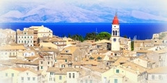 Corfu panorama over the old city and old clock tower, city symbol.