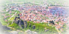 Aerial view of Meteora cliff and Kalambaka town, Greece
