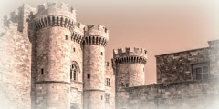 Sepia image of the Palace of the Grand Master castle in Rhodes,