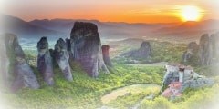 Meteora monasteries at sunset, Greece