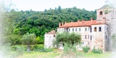 Ancient orthodox monastery surrounded by old olive trees, Mount