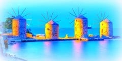 Ancient windmills of chios at night
