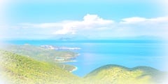 Greece ithaki island, panoramic view of the sea by the main harbor of ithaka island