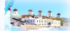 View of the famous windmills of Mykonos town, Greece
