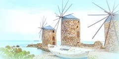 Ancient windmills of chios at night