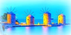 Ancient windmills of chios at night