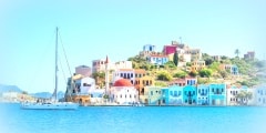 Kastellorizo island, Dodecanese, Greece. Colorful Mediterranean architecture on a sunny clear day.