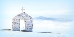Greek church, Foggy morning scene, Tinos, Greece.