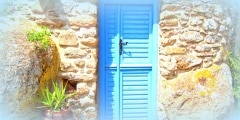 Greece, Tinos island, blue door and flower pot