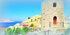scenic Greece -Symi island, view ith windmill