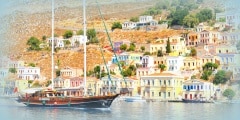 two masted vessel in front of Simi island
