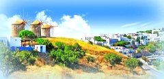 panorama of scenic Patmos island. view of Chora and windmills , Greece, Dodecanese