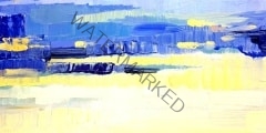 Brushstrokes of blue and yellow oil paint on canvas. Abstract ba