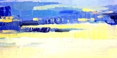 Brushstrokes of blue and yellow oil paint on canvas. Abstract ba