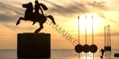 Silhouette of Alexander the Great Statue at sunrise. Thessaloniki city. Greece