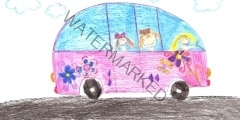 Happy children riding in car. Drawing