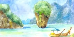 Landscape with rocks, the sea and the boats painted in watercolor. Beach in Phuket, Thailand. Suit for poster, wallpaper, postcard, invitation