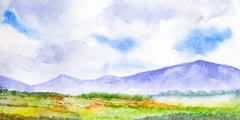mountain landscape with blue sky watercolor painted