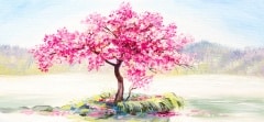 oil painting landscape, oriental cherry tree, sakura on the lake