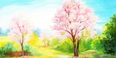 oil painting, colorful forest, сherry blossoms, art watercolour