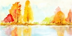 autumn trees with reflection in a lake. abstract watercolor landscape illustration