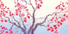Watercolor landscape in Chinese style. Red flowers bloom on the tree