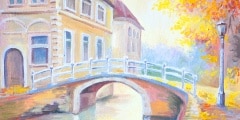 Oil painting on canvas - bridge over the river in the old Europe