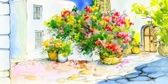 watercolor  painting of a bouquet of flowers in pots on the windowsill, patio