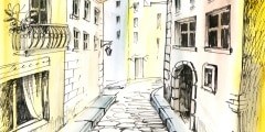 watercolor painting of a narrow street, architecture