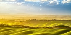 Tuscany misty panorama at sunset, rolling hills, fields, meadow. Italy